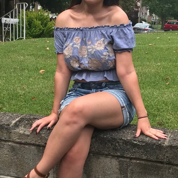 American Eagle Off Shoulder Floral Embroidered Ruffle Crop Top M - Picture 1 of 6